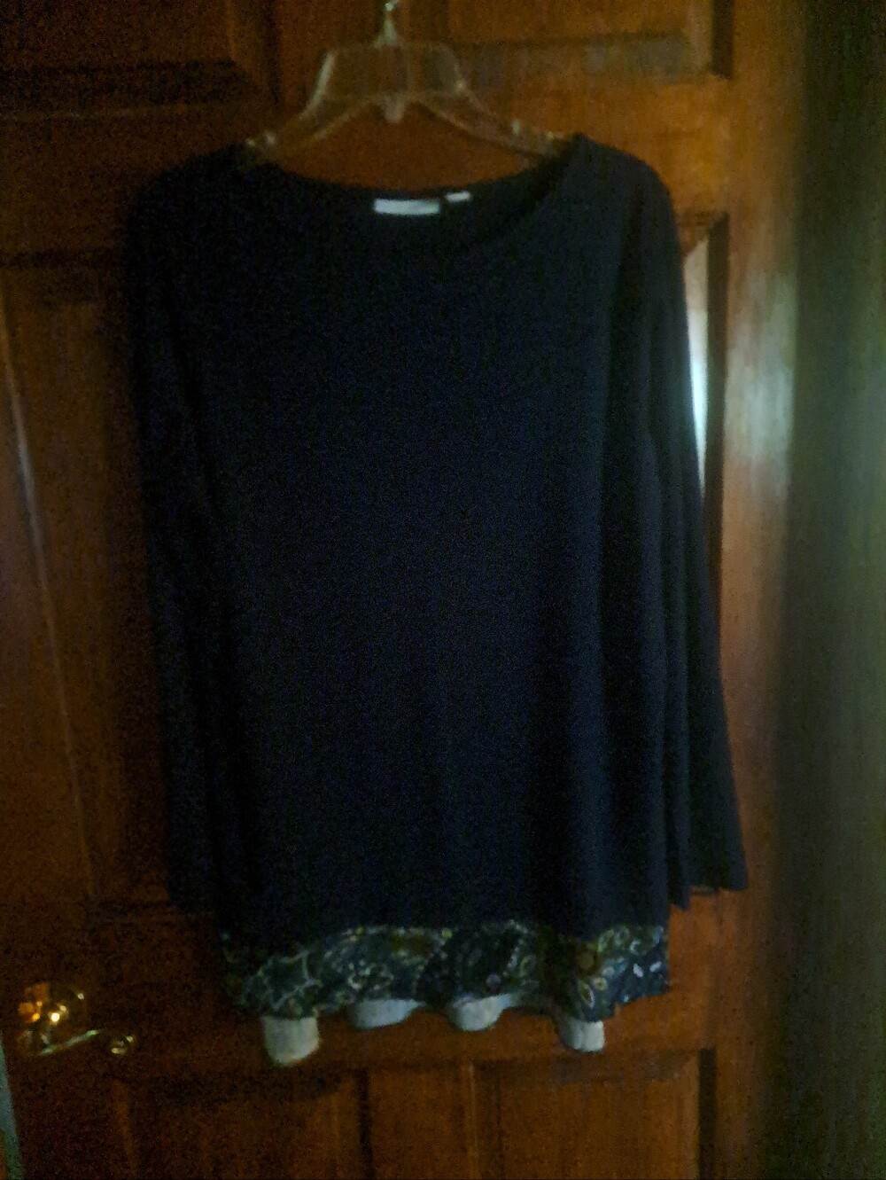 Susan Graver Navy Long-Sleeve Top with Patterned Layered Hem